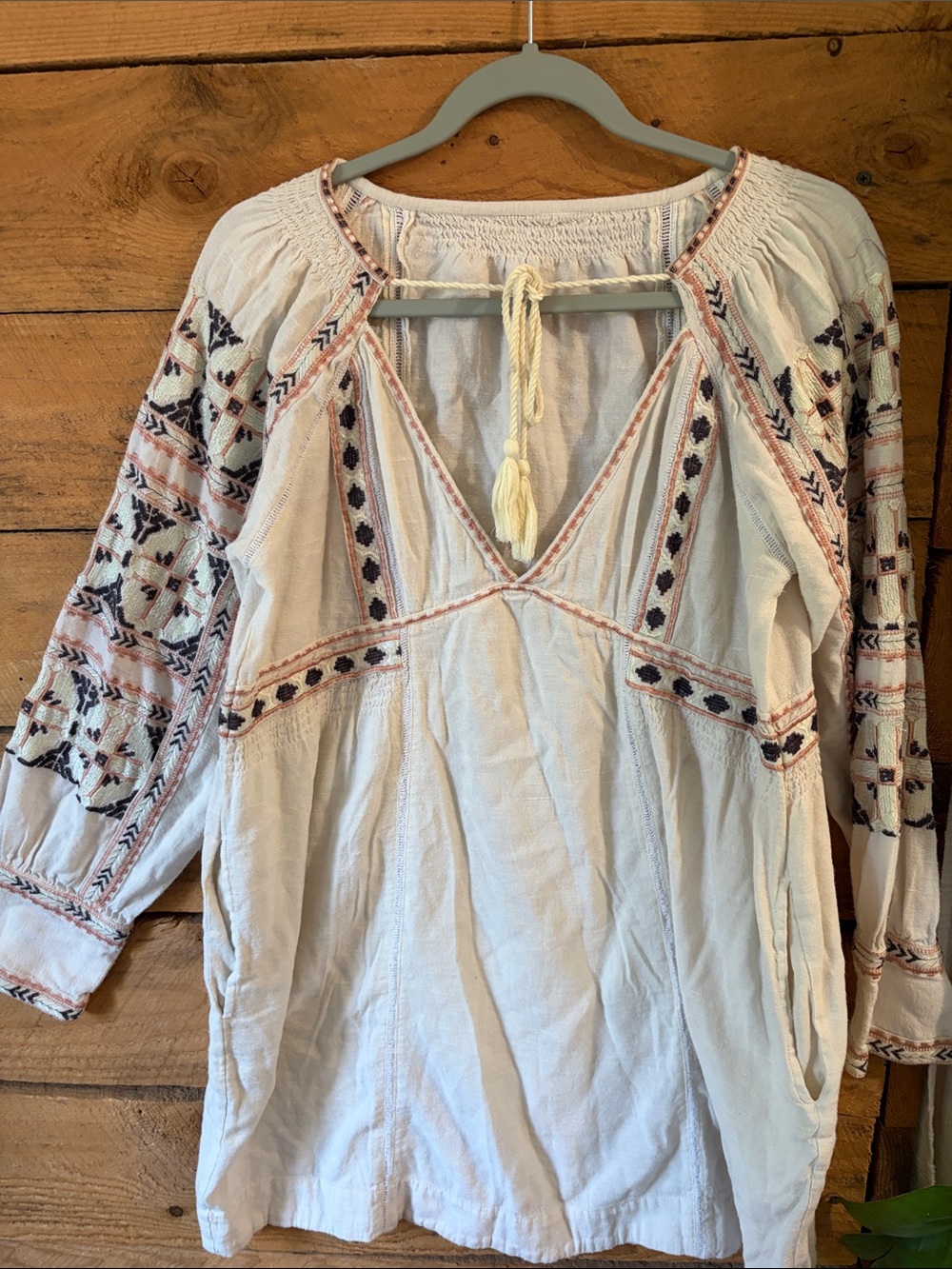 Free People Cream Boho Embroidered Mini Dress with Pink & Navy Accents